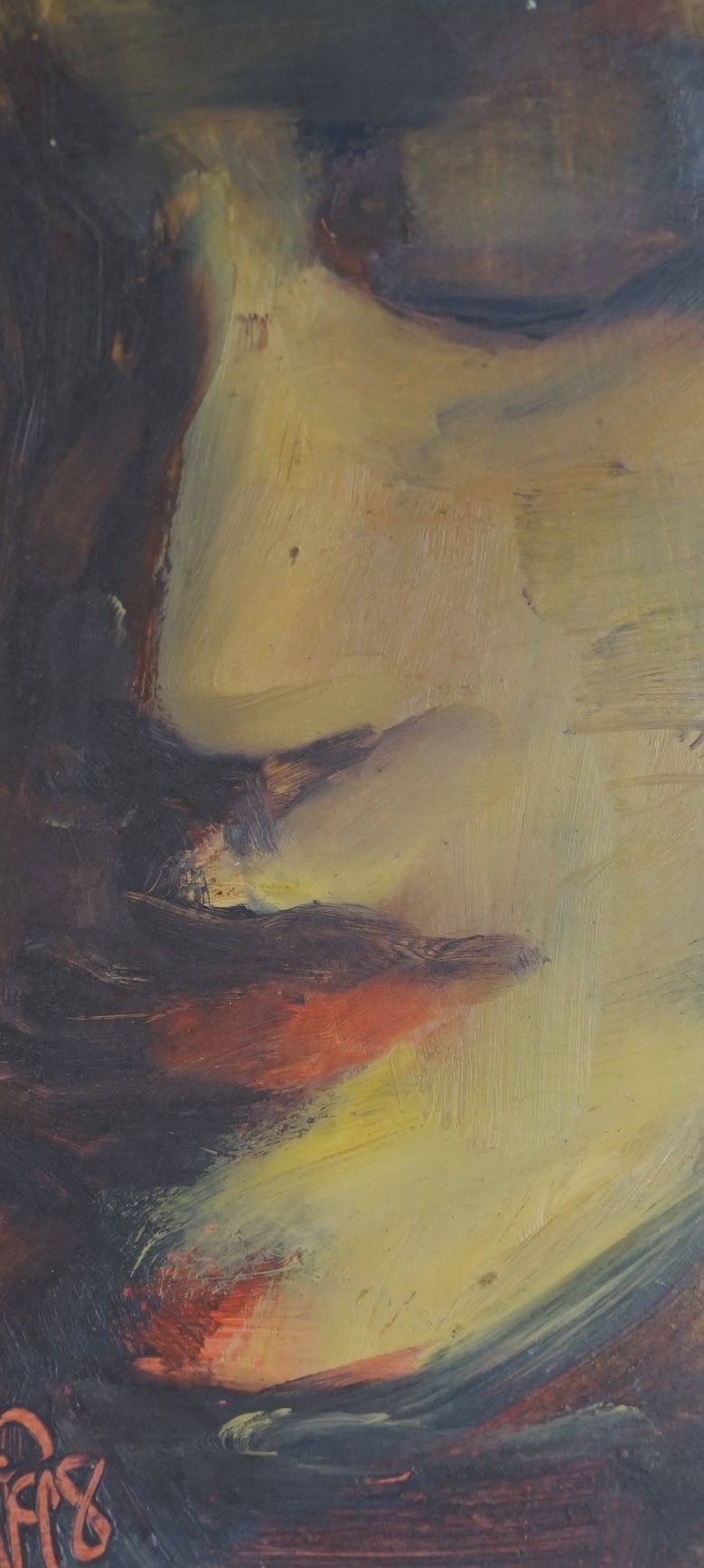 Mark Pearson RA (contemporary), two oils and mixed media, Abstract portraits, originally purchased from Liberty, each signed with monogram, largest 19.5 x 9cm. Condition - good